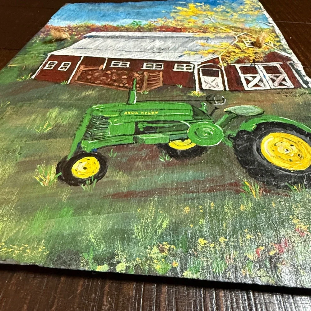 Judy Talbott Hand Painted Slate Art John Deere Tractor Red Barn Farm Scene 2016